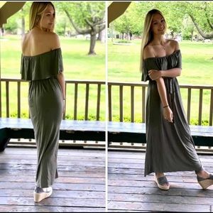 Off the shoulder olive green maxi dress.
